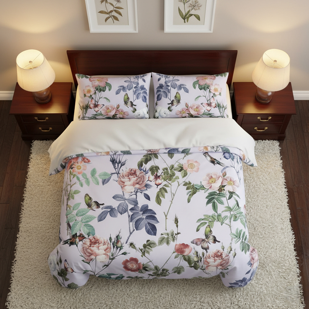 Cathy Vintage Floral & Bird Print Modern Husă de pilotă Set de husă de pilota Set de lenjerie de pat