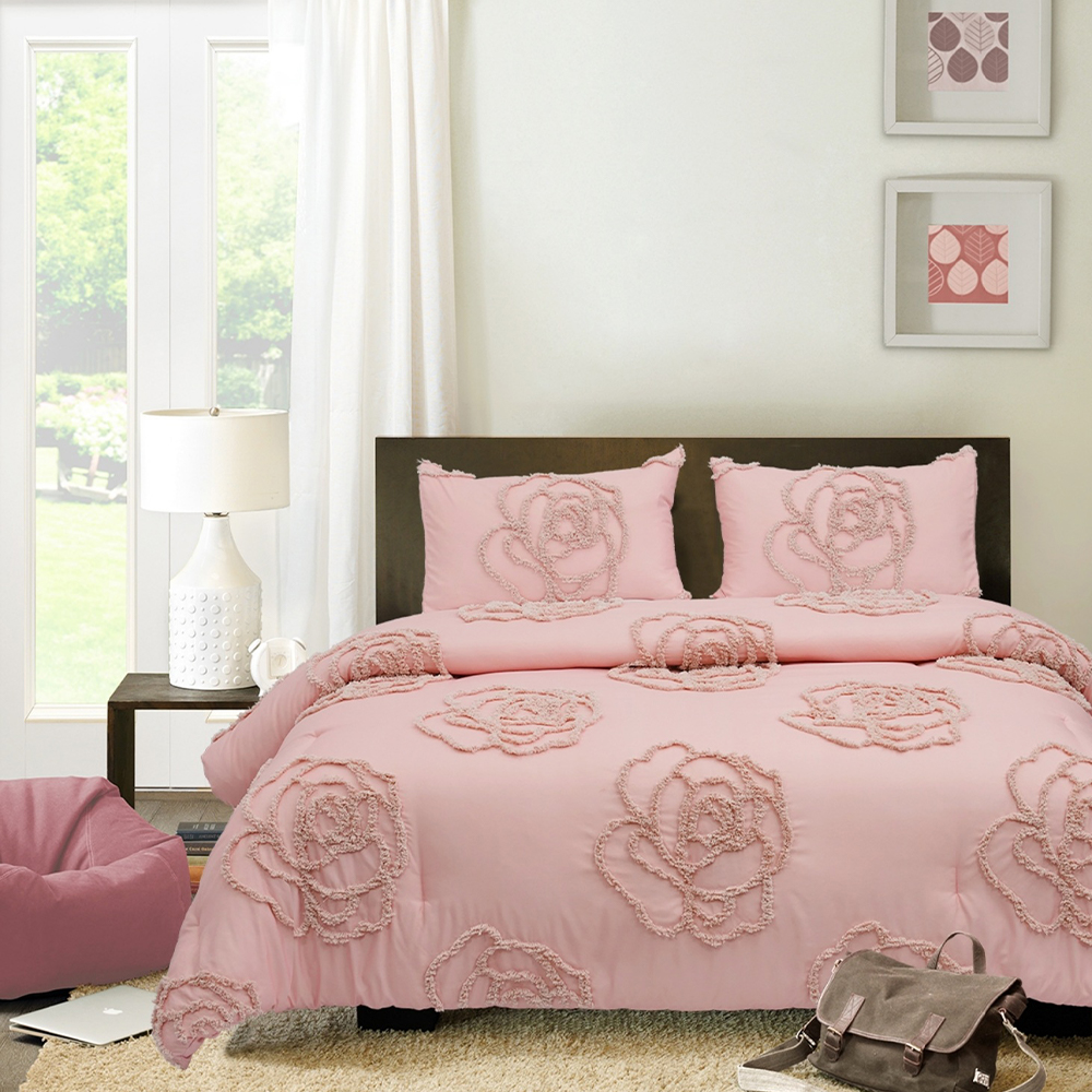 Mirelle Rose Floral Tufted Chenille Broderie Husă pilotă Set cuvertură Set lenjerie de pat