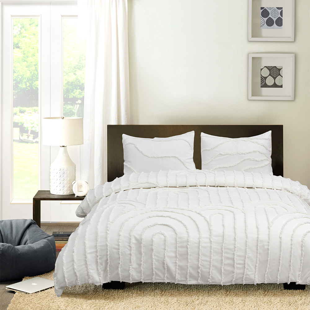 Ava Geometric Arc Set de husă de pilotă cu broderie din chenille modern cu smocuri. Set de lenjerie de pat