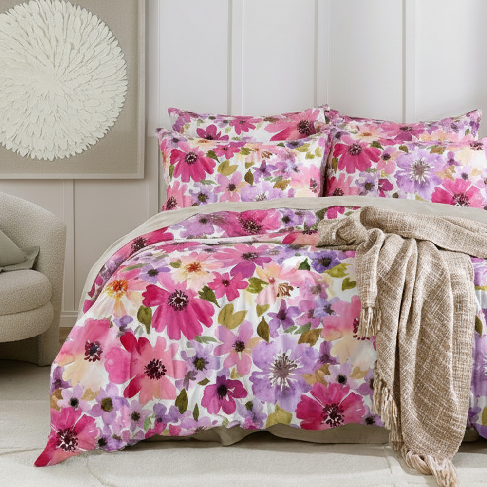 Helensvale, acuarelă, imprimeuri florale botanice, din bumbac din microfibră pură, imprimată, husă de pilotă, set de husă de pilota Set de lenjerie de pat