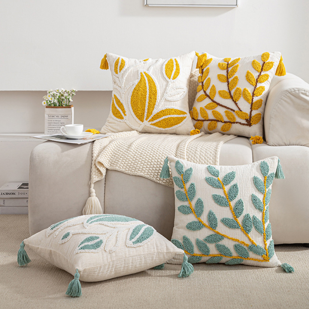 Perna decor delicata broderie frunze perna cu ciucuri